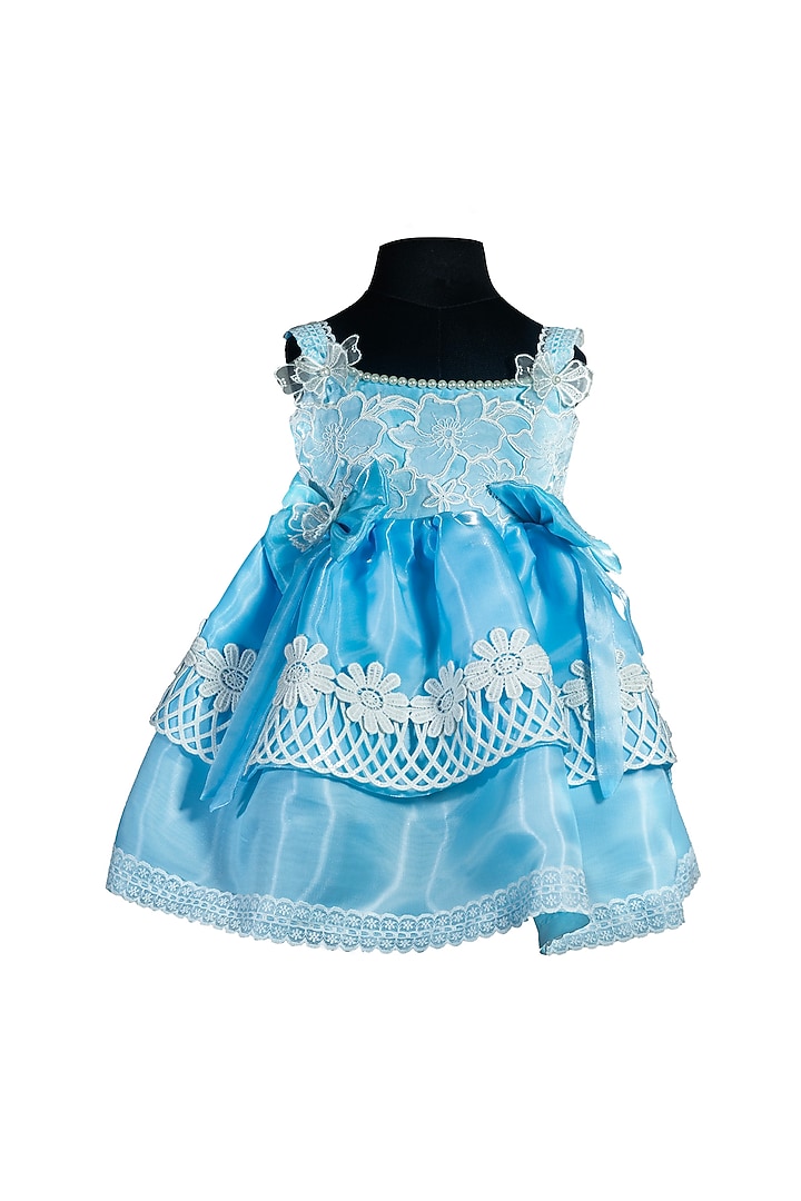 Sky Blue Silk & Lace Floral Embroidered Dress For Girls by Fairy Frills at Pernia's Pop Up Shop