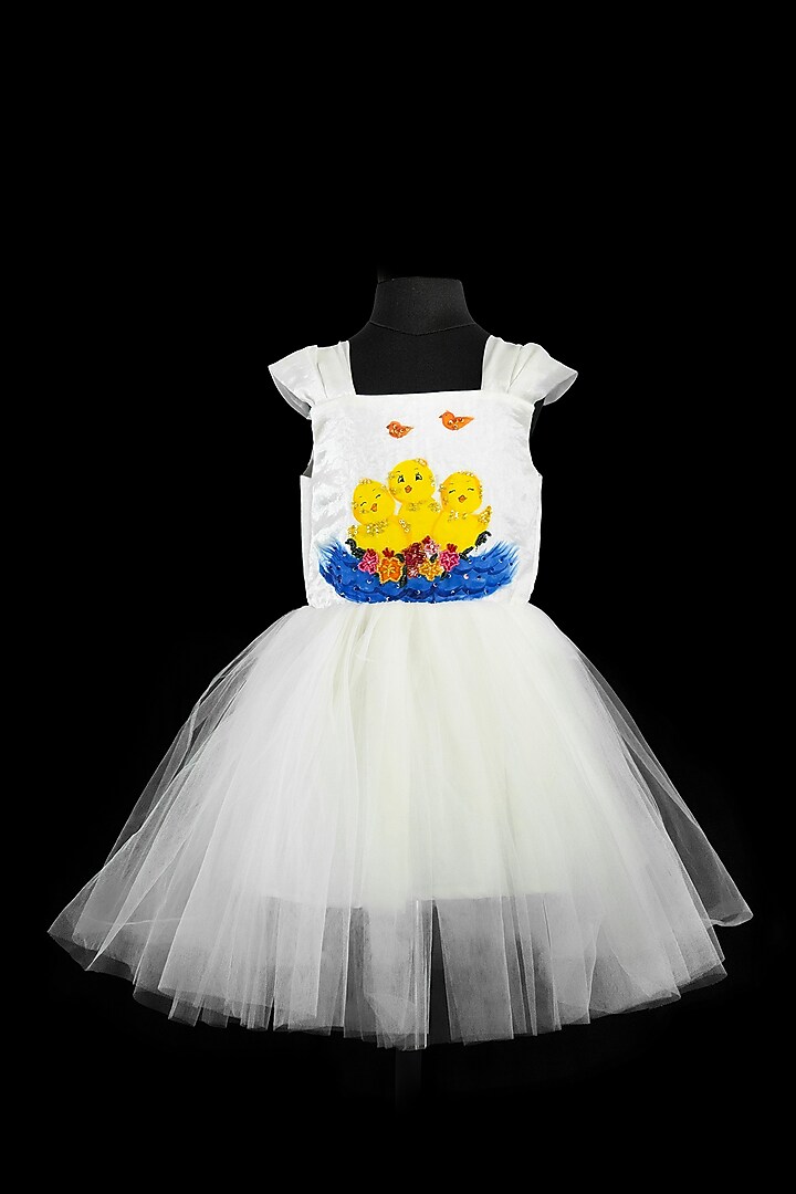 White Tulle & Silk Embroidered Dress For Girls by Fairy Frills at Pernia's Pop Up Shop