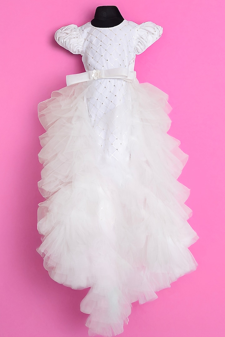White Tulle & Satin Embroidered Dress For Girls by Fairy Frills at Pernia's Pop Up Shop