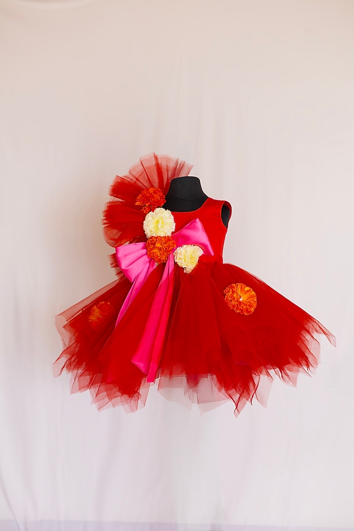 Red Tulle & Satin Embroidered Dress For Girls by Fairy Frills at Pernia's Pop Up Shop