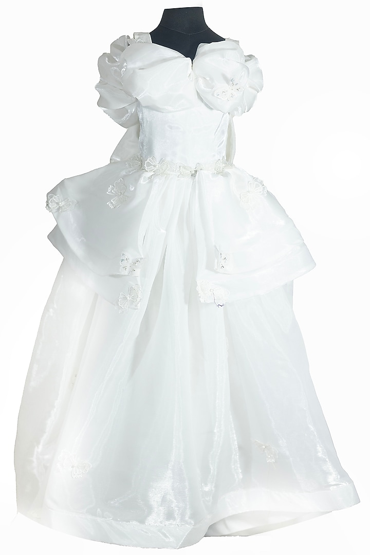 White Satin Embroidered Dress For Girls by Fairy Frills at Pernia's Pop Up Shop
