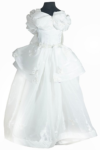 White Satin Embroidered Dress For Girls by Fairy Frills