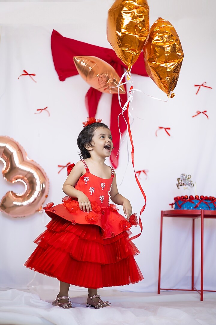 Red Tulle & Satin Embroidered Dress For Girls by Fairy Frills at Pernia's Pop Up Shop