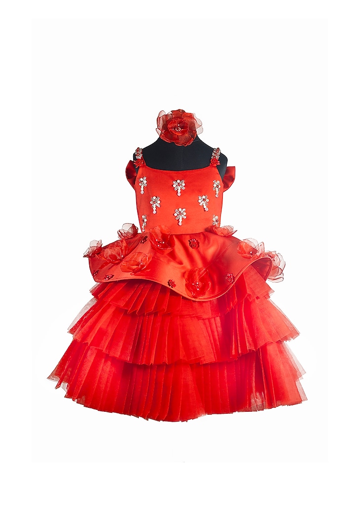 Red Tulle & Satin Embroidered Dress For Girls by Fairy Frills at Pernia's Pop Up Shop