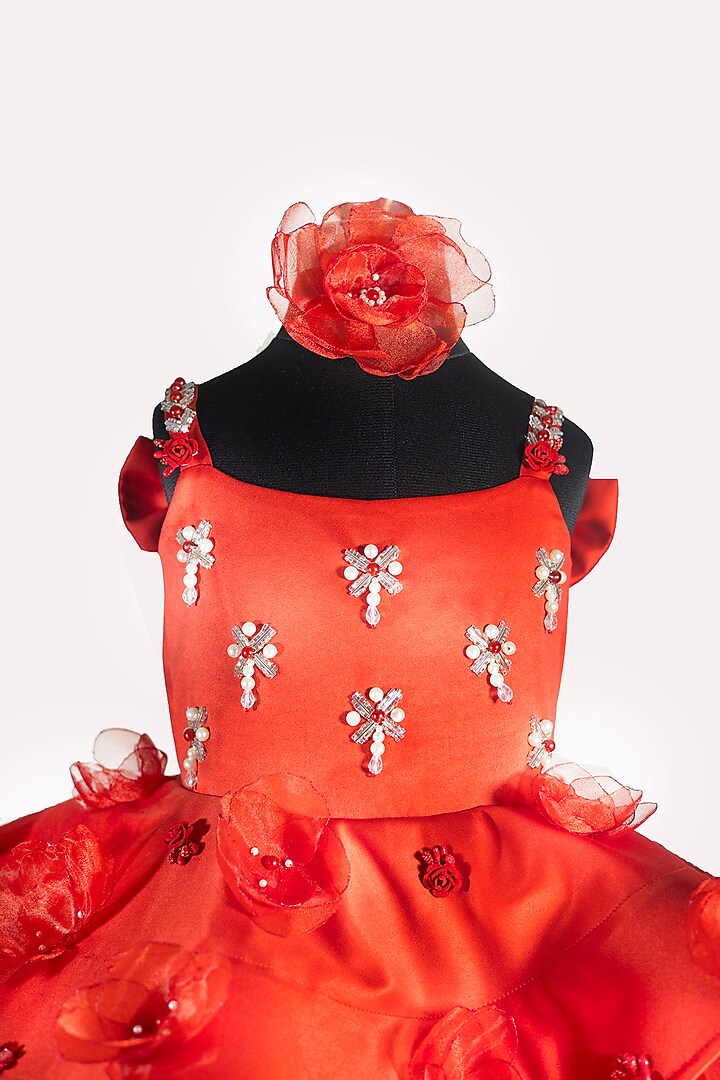 Red Tulle & Satin Embroidered Dress For Girls by Fairy Frills at Pernia's Pop Up Shop
