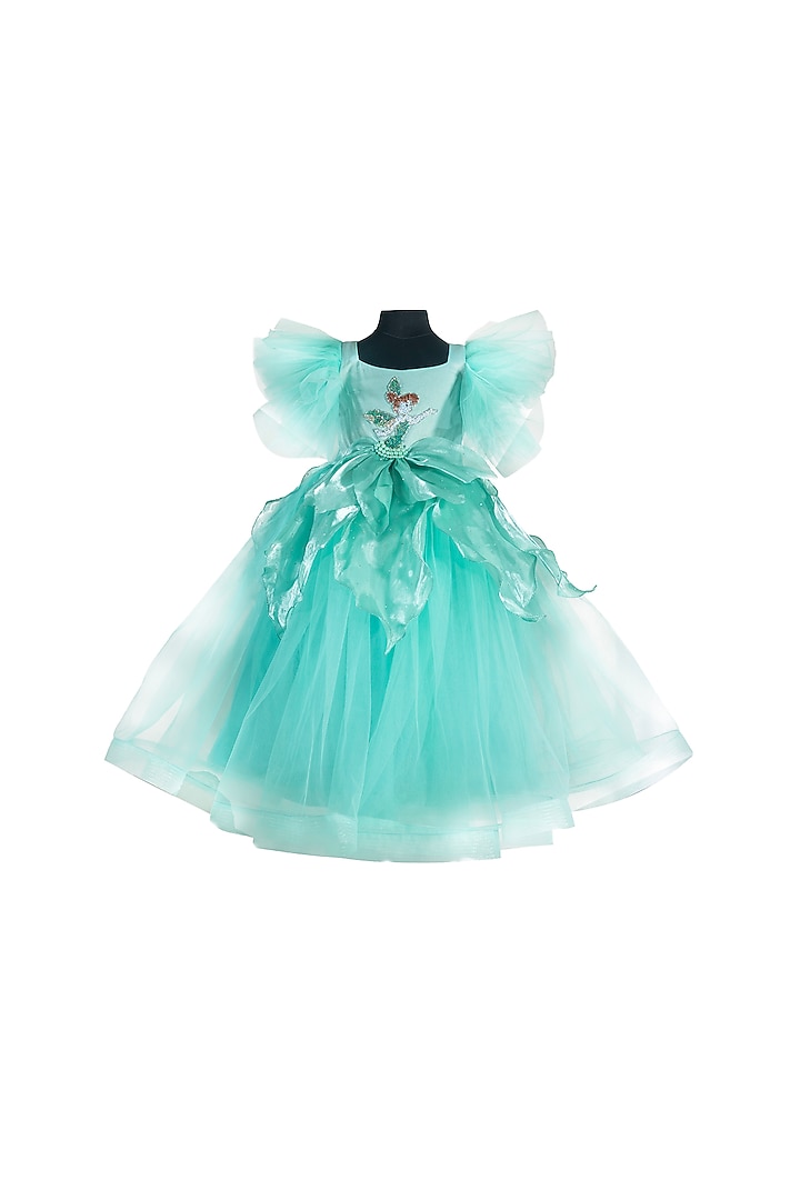 Mint Green Tulle & Satin Embroidered Dress For Girls by Fairy Frills at Pernia's Pop Up Shop