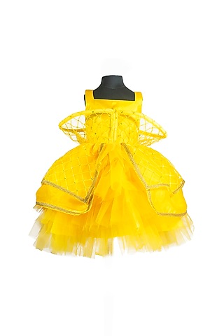 Yellow Organza & Tulle Embroidered Dress For Dress by Fairy Frills