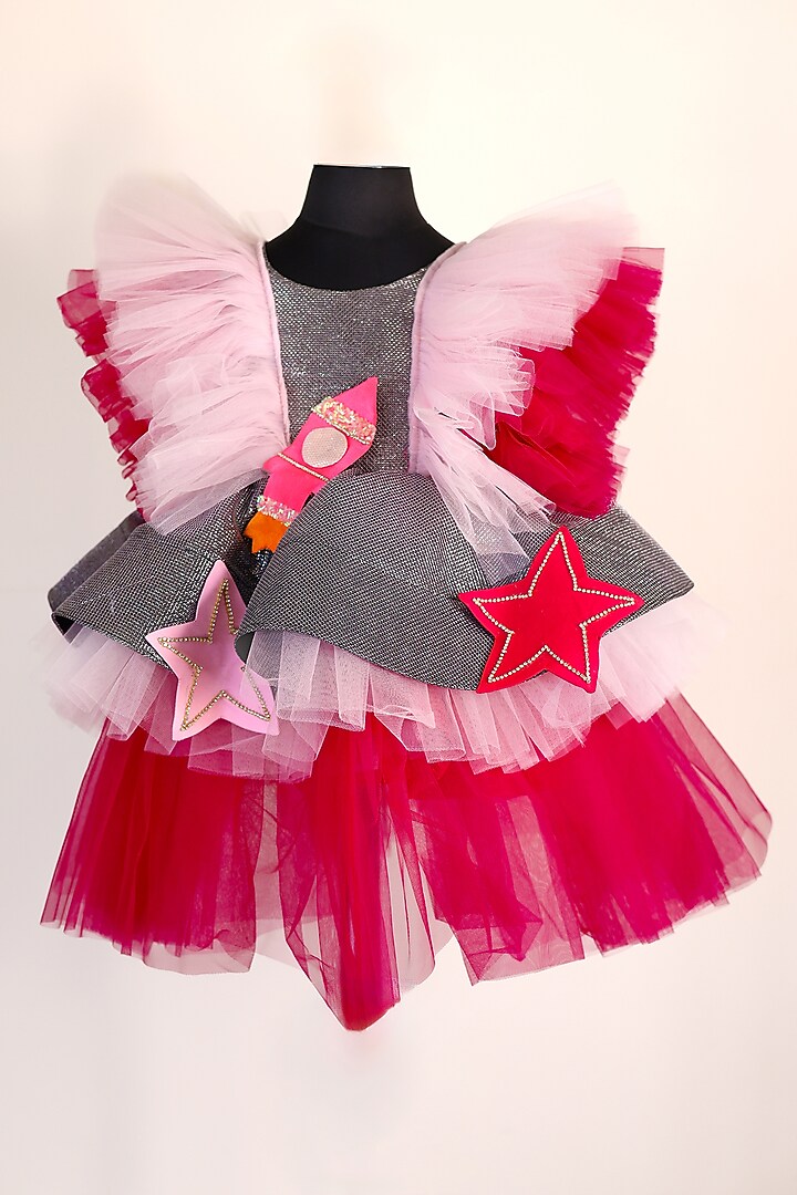 Grey & Pink Tulle & Lycra Embroidered Dress For Girls by Fairy Frills at Pernia's Pop Up Shop
