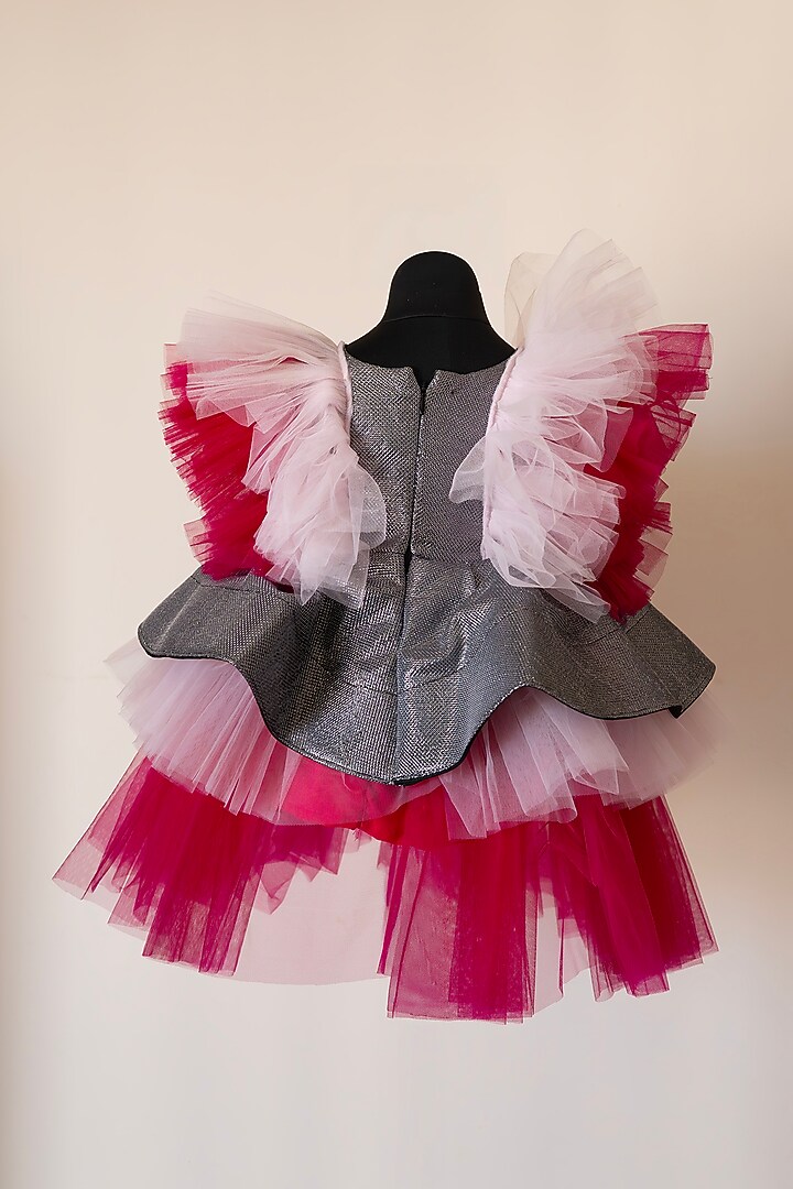 Grey & Pink Tulle & Lycra Embroidered Dress For Girls by Fairy Frills at Pernia's Pop Up Shop