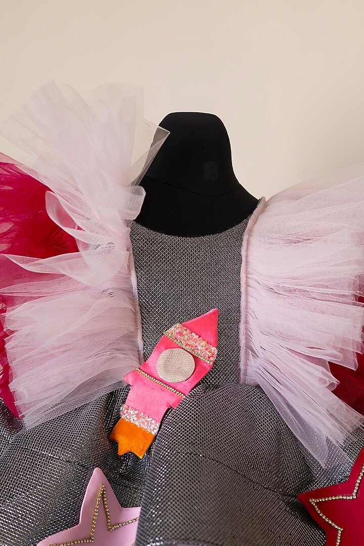 Grey & Pink Tulle & Lycra Embroidered Dress For Girls by Fairy Frills at Pernia's Pop Up Shop