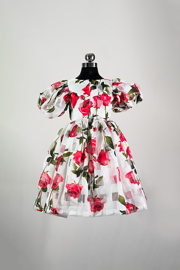 White Tulle & Satin Printed Dress For Girls by Fairy Frills at Pernia's Pop Up Shop