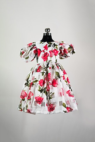 White Tulle & Satin Printed Dress For Girls by Fairy Frills