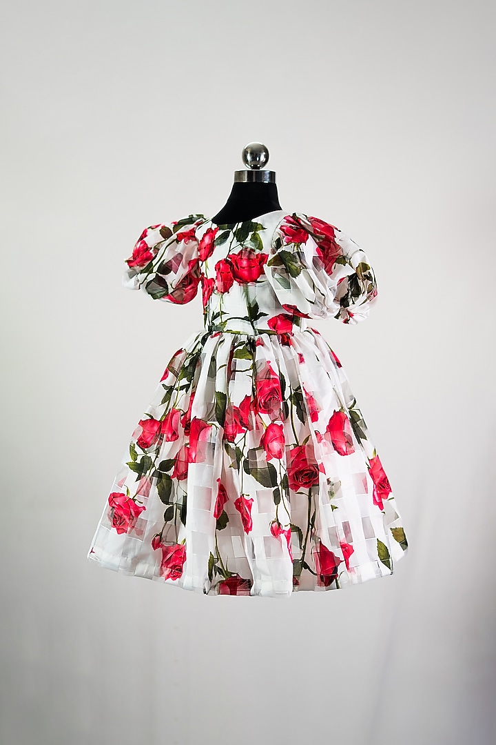 White Tulle & Satin Printed Dress For Girls by Fairy Frills at Pernia's Pop Up Shop