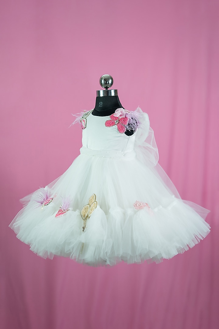 White Lace & Net Embellished Dress For Girls by Fairy Frills at Pernia's Pop Up Shop