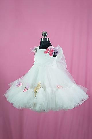 White Lace & Net Embellished Dress For Girls by Fairy Frills