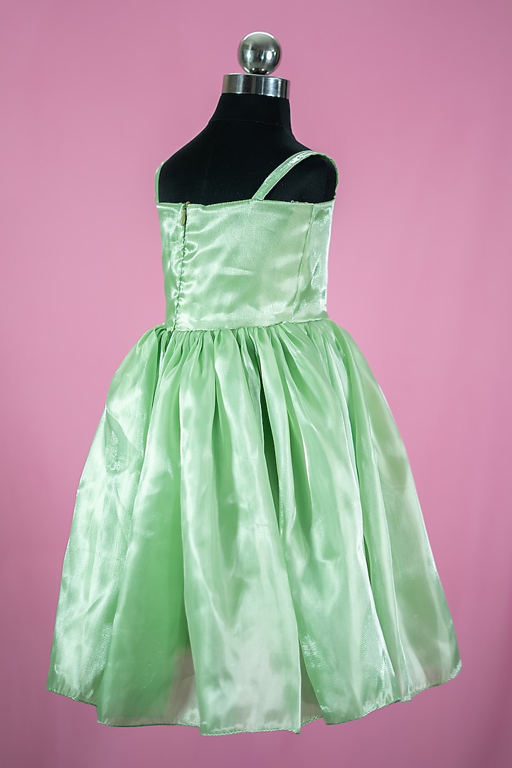 Green Brocade & Silk One-Shoulder Dress For Girls by Fairy Frills at Pernia's Pop Up Shop