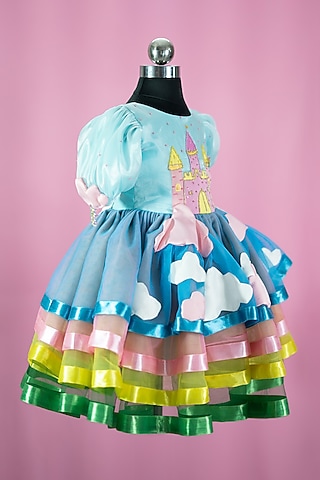 Light Blue Tulle & Satin Embroidered Dress For Girls by Fairy Frills