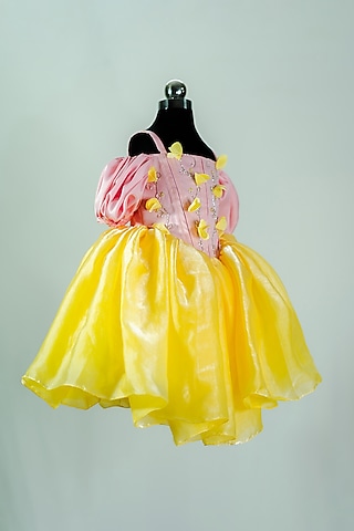 Yellow Cotton & Tulle Embroidered Dress For Girls by Fairy Frills