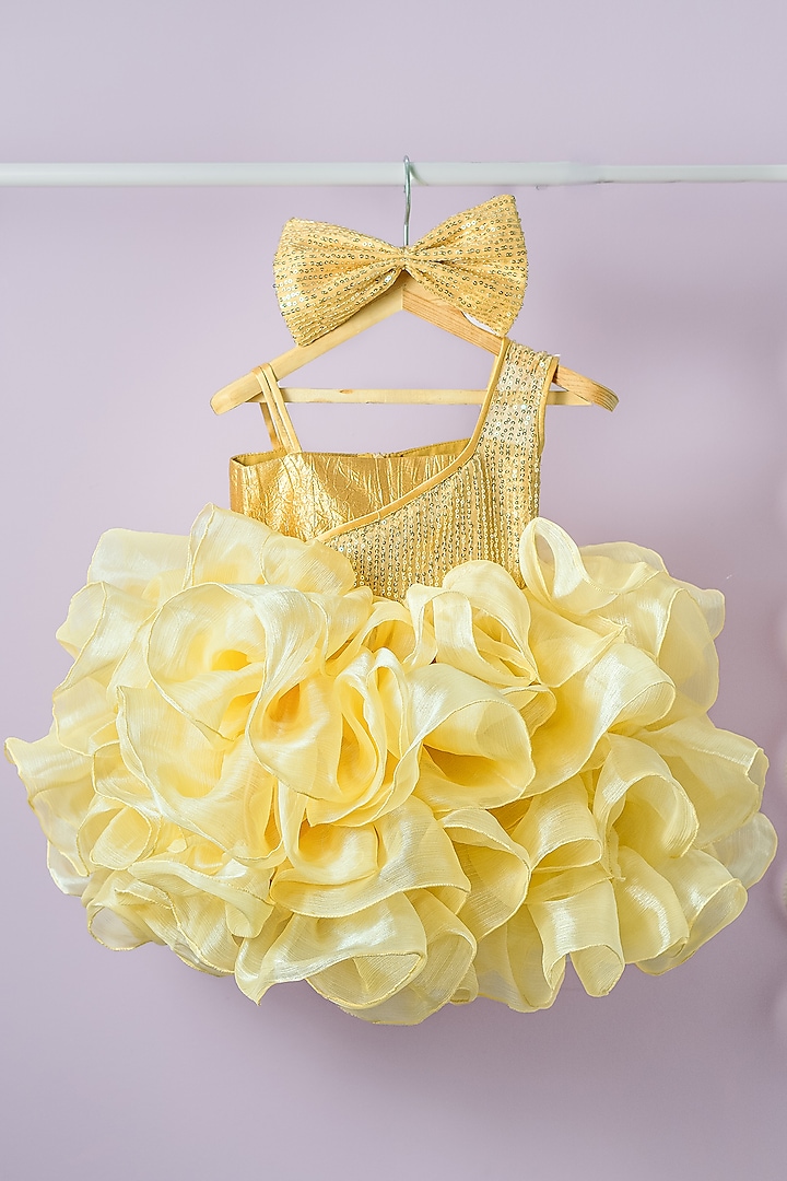 Yellow Net & Crush Cotton Sequins Embroidered Ruffled Dress For Girls by Fairy Frills at Pernia's Pop Up Shop