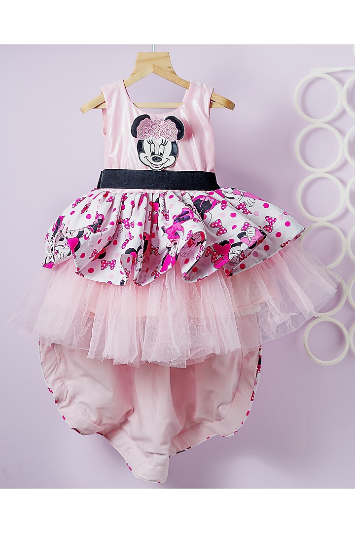 Pink Cotton Crepe & Net Printed High-Low Dress For Girls by Fairy Frills at Pernia's Pop Up Shop