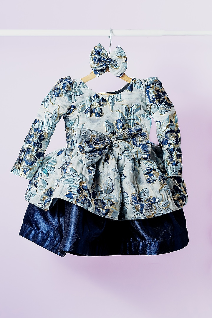 Navy Blue Brocade & Satin Printed Dress For Girls by Fairy Frills at Pernia's Pop Up Shop