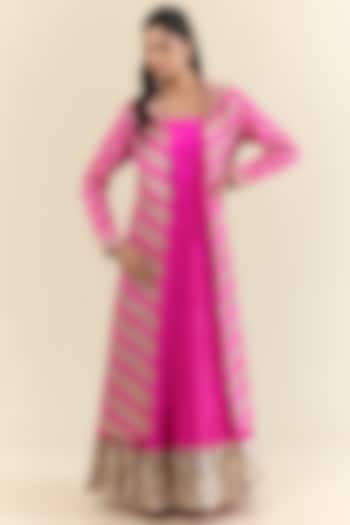 Hot Pink Gajji Silk Bandhani Jacket With Inner Dress by Faabiiana at Pernia's Pop Up Shop