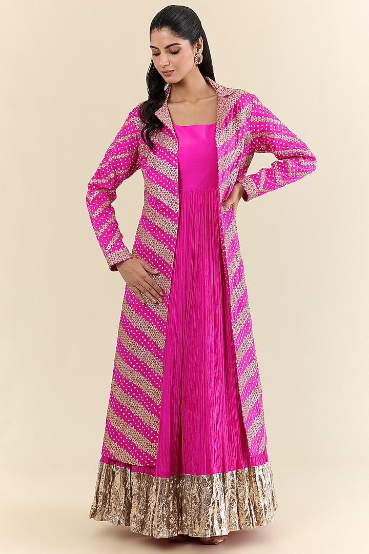 Hot Pink Gajji Silk Bandhani Jacket With Inner Dress by Faabiiana at Pernia's Pop Up Shop