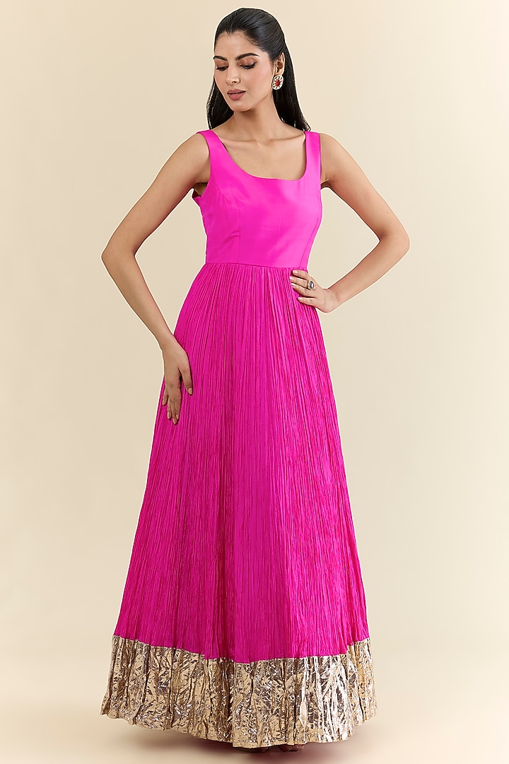 Hot Pink Gajji Silk Bandhani Jacket With Inner Dress by Faabiiana at Pernia's Pop Up Shop