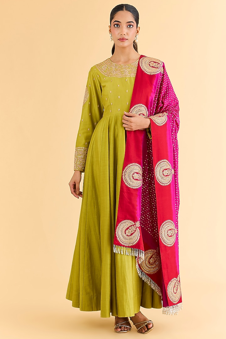 Mehendi Green Dupion Bridal Anarkali Set by Faabiiana at Pernia's Pop Up Shop