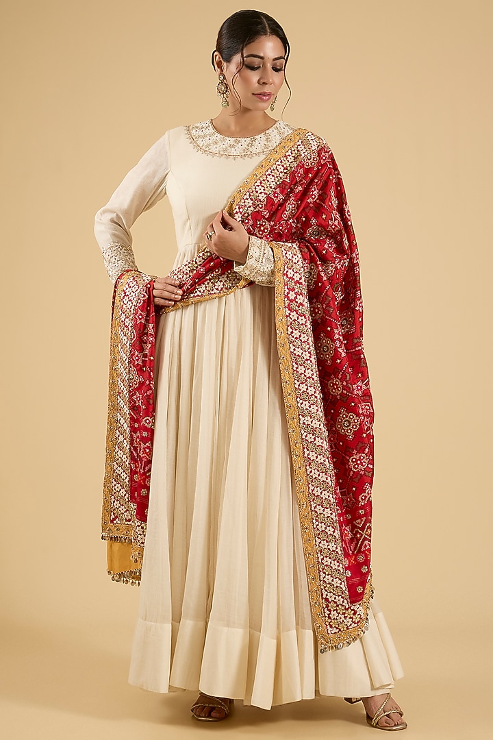 Ivory Mal Chanderi Embroidered Bridal Anarkali Set by Faabiiana at Pernia's Pop Up Shop