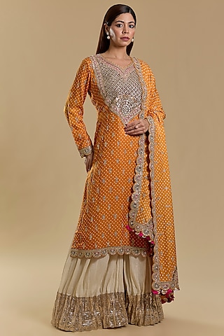 Orange Gajji Silk Kurta Set by Faabiiana