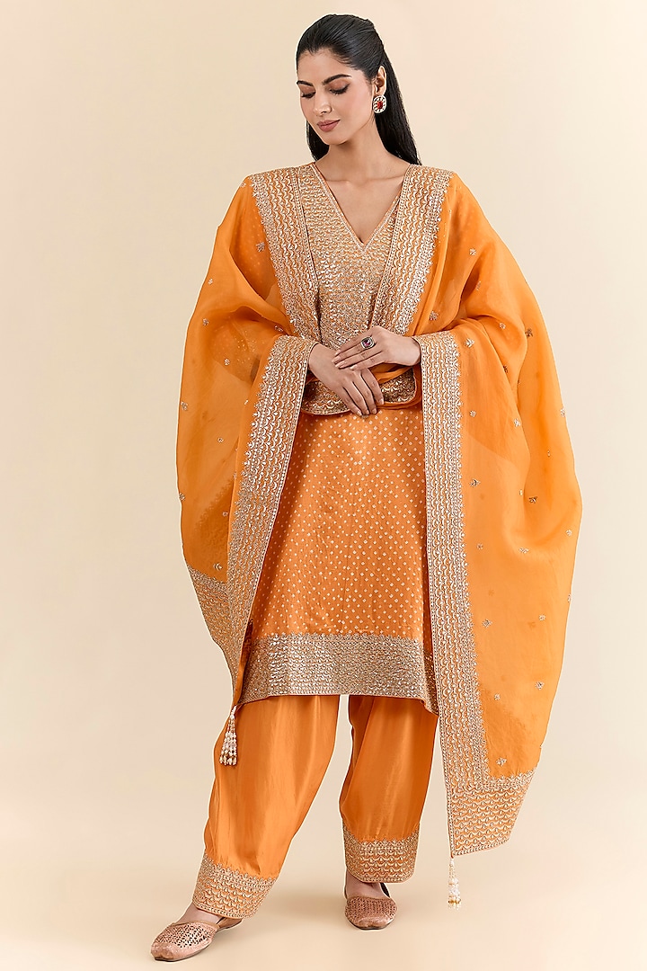Orange Gajji Silk Kurta Set by Faabiiana at Pernia's Pop Up Shop