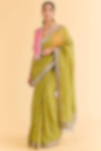 Mehendi Green Organza & Gajji Silk Jacket Bridal Saree Set by Faabiiana at Pernia's Pop Up Shop