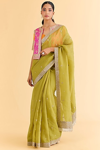 Mehendi Green Organza & Gajji Silk Jacket Saree Set by Faabiiana