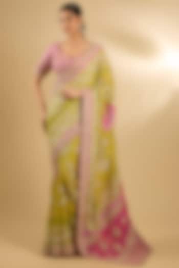 Green & Pink Georgette Bridal Saree Set by Faabiiana at Pernia's Pop Up Shop