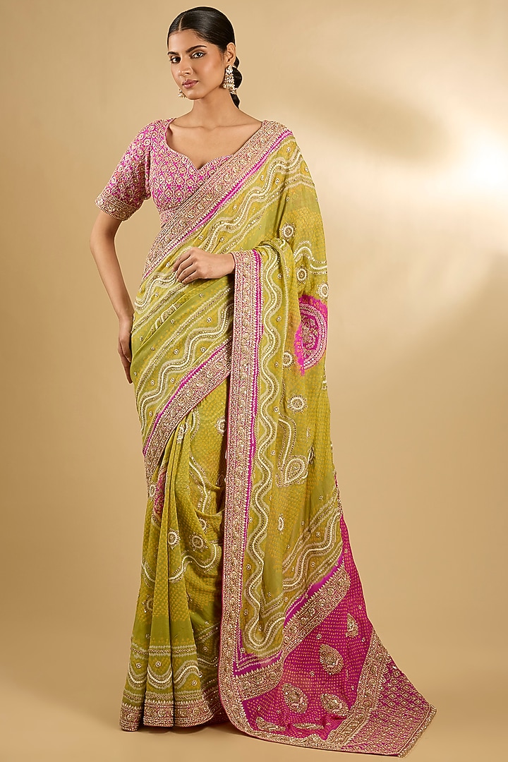 Green & Pink Georgette Bridal Saree Set by Faabiiana at Pernia's Pop Up Shop