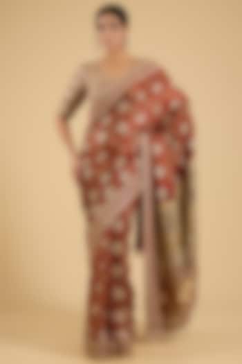 Maroon Gajji Silk Ajrakh & Gharchola Printed Bridal Saree Set by Faabiiana at Pernia's Pop Up Shop