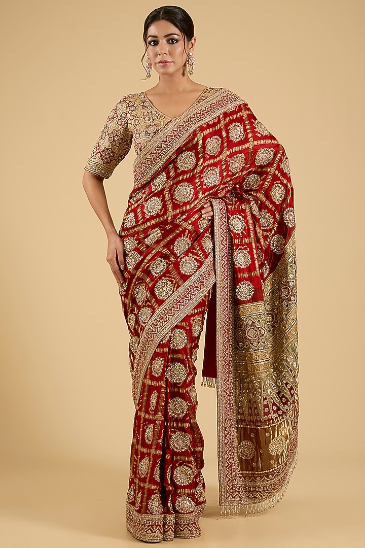 Maroon Gajji Silk Ajrakh & Gharchola Printed Bridal Saree Set by Faabiiana at Pernia's Pop Up Shop