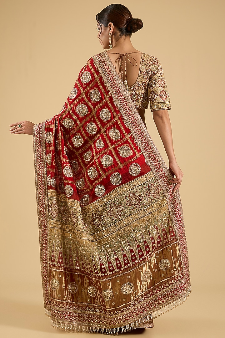 Maroon Gajji Silk Ajrakh & Gharchola Printed Bridal Saree Set by Faabiiana at Pernia's Pop Up Shop