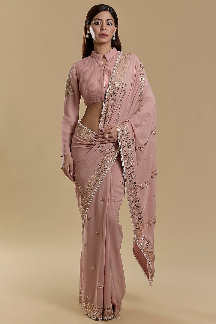 Blush Pink Georgette Mukaish Reception Saree Set by Faabiiana at Pernia's Pop Up Shop