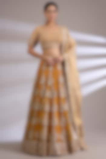 Mustard Net Embroidered Bridal Lehenga Set by Faabiiana at Pernia's Pop Up Shop