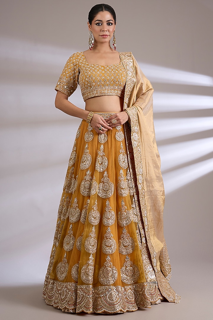 Mustard Net Embroidered Bridal Lehenga Set by Faabiiana at Pernia's Pop Up Shop