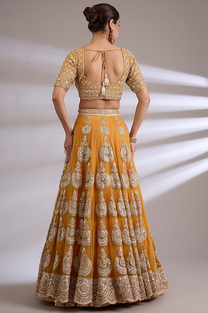 Mustard Net Embroidered Bridal Lehenga Set by Faabiiana at Pernia's Pop Up Shop