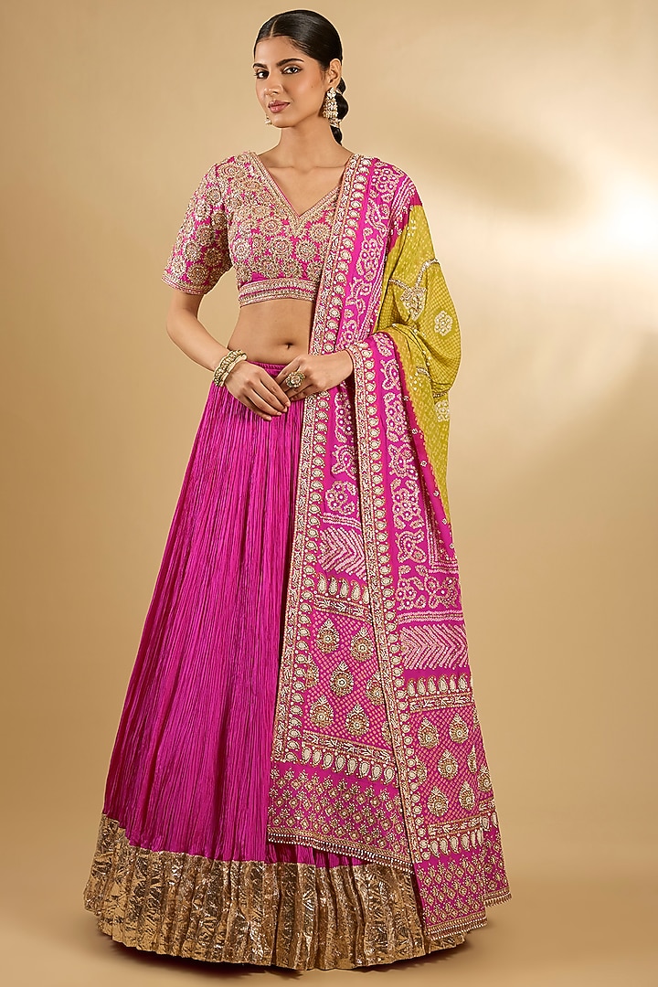Pink & Green Silk Bridal Lehenga Set by Faabiiana at Pernia's Pop Up Shop