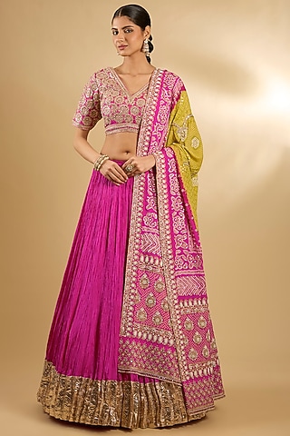 Pink & Green Silk Lehenga Set by Faabiiana