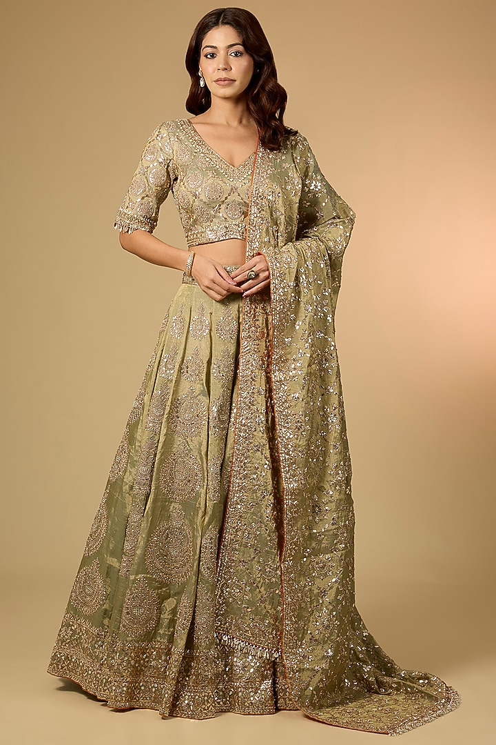 Green Banarasi Tissue Bridal Lehenga Set by Faabiiana at Pernia's Pop Up Shop