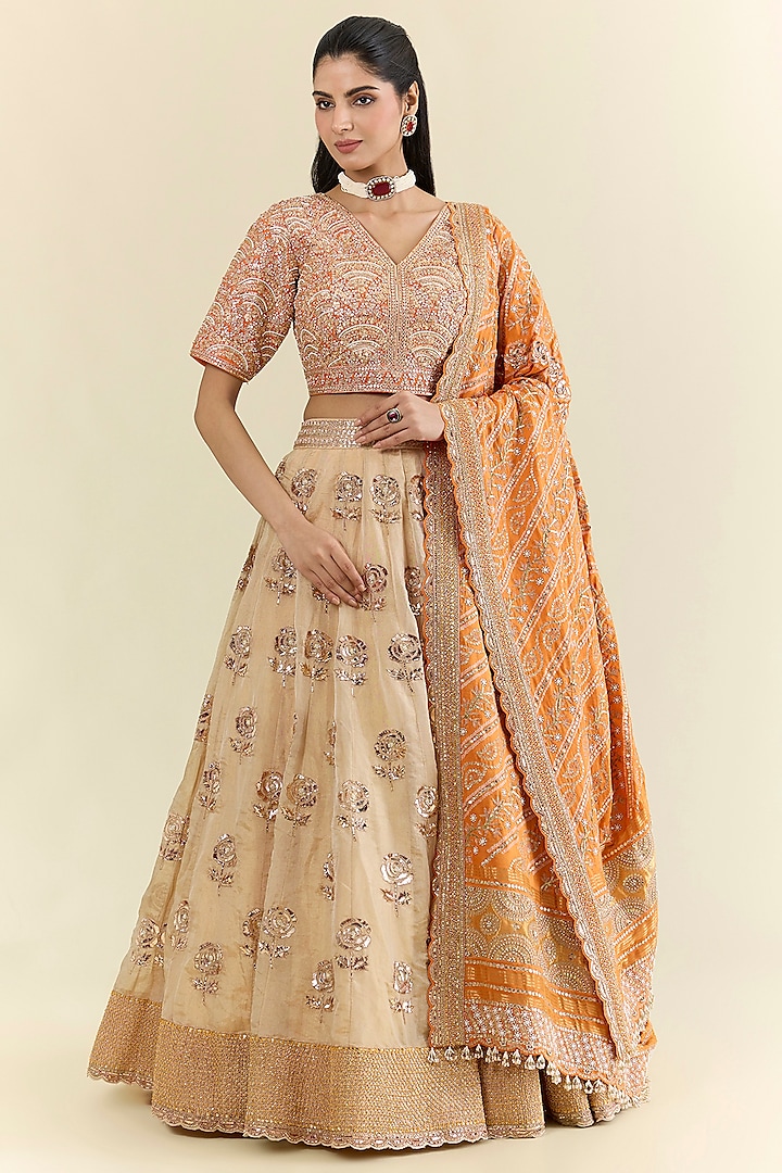 Gold & Orange Banarasi Tissue Bridal Lehenga Set by Faabiiana at Pernia's Pop Up Shop