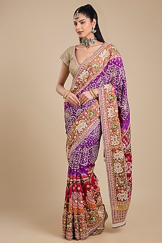 Purple Silk Patola Saree Set by Faabiiana