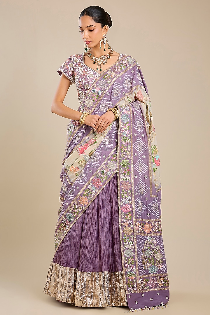 Purple Silk Habutai Bridal Lehenga Saree Set by Faabiiana at Pernia's Pop Up Shop
