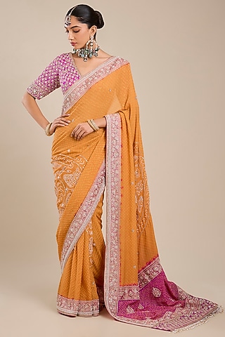 Orange Silk Georgette Saree Set by Faabiiana